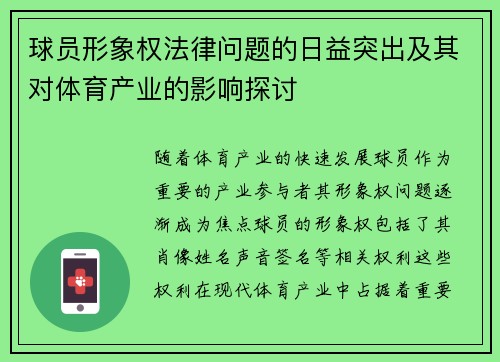 球员形象权法律问题的日益突出及其对体育产业的影响探讨 球员形象权法律问题的日益突出及其对体育产业的影响探讨